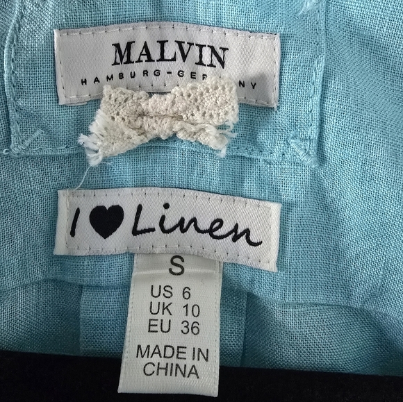 Malvin Embellished Linen Tunic Blouse Women Sz S Blue Side Slit Laggenlook - Picture 6 of 11